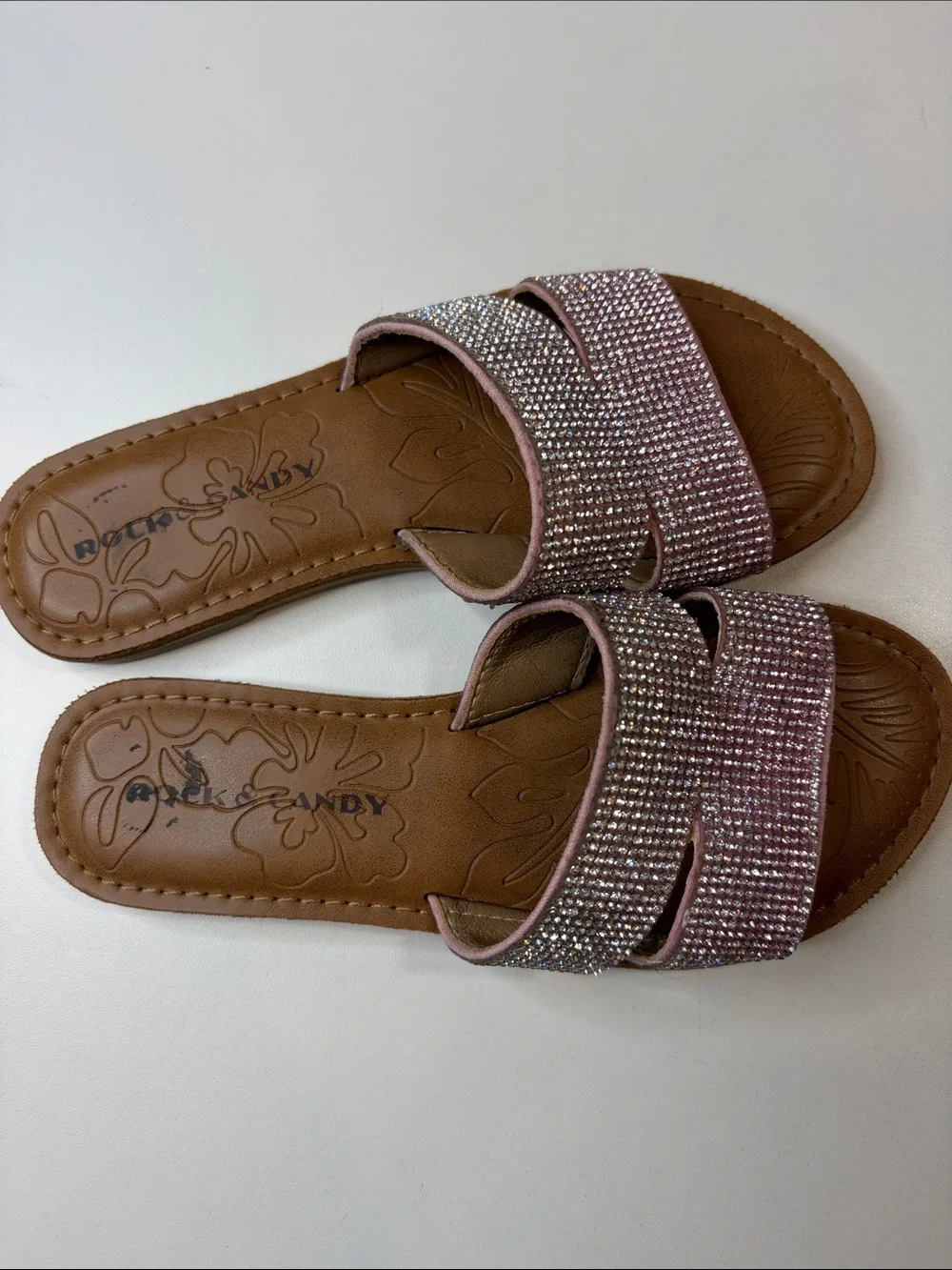 Rock & Candy Girls Size 1 Pink Rhinestone Slide Sandals